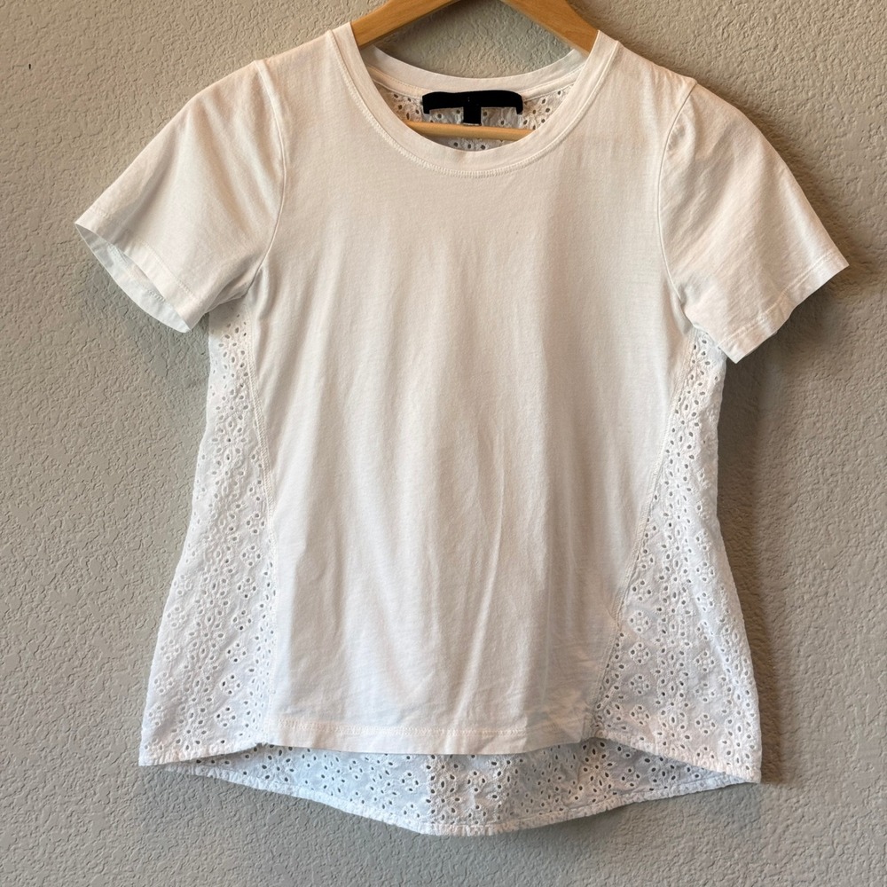 Veronica Beard Top Eyelet Mixed Media Womens White S Short Sleeve Tee